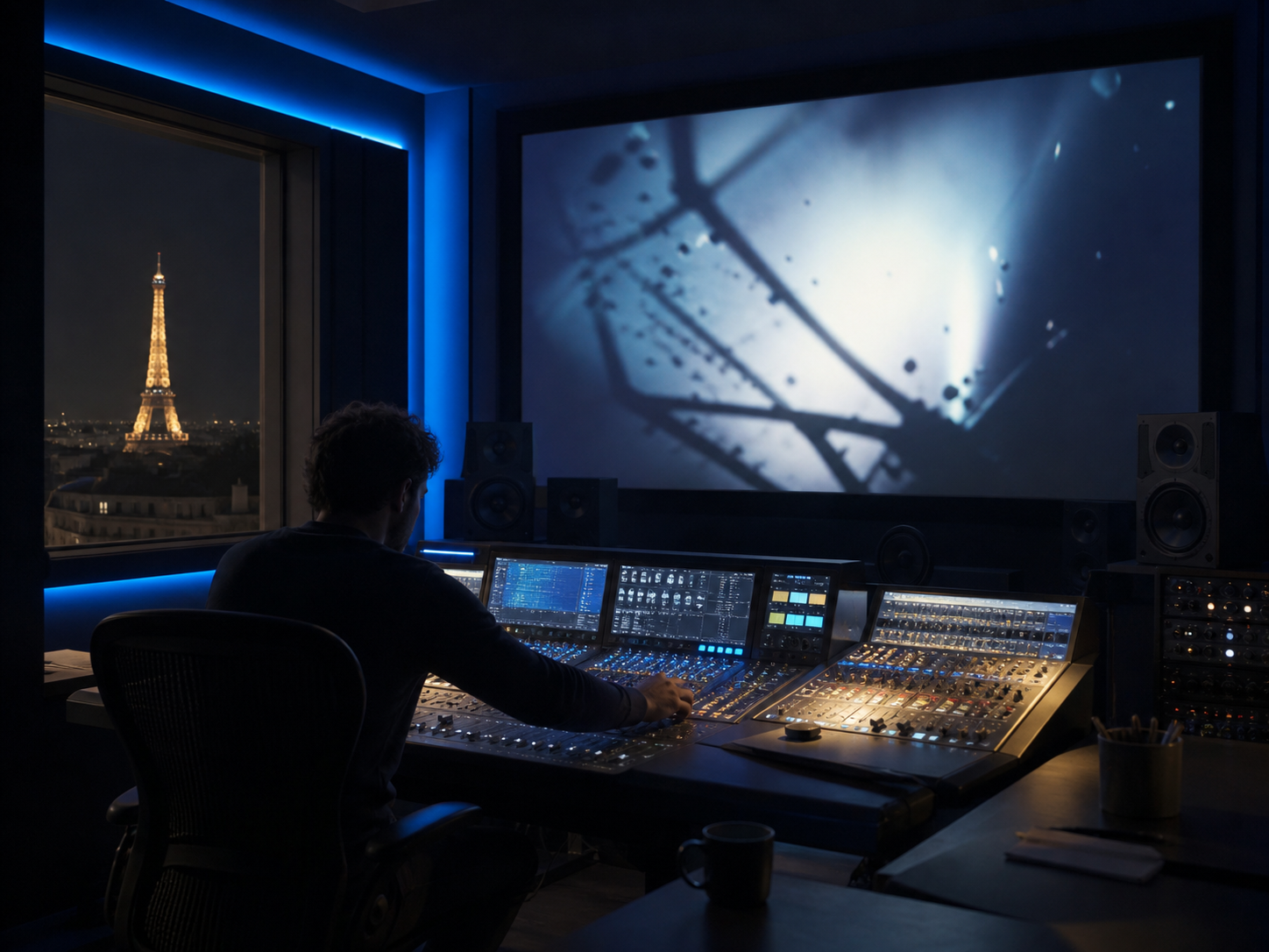 Designer sonore au travail devant un film